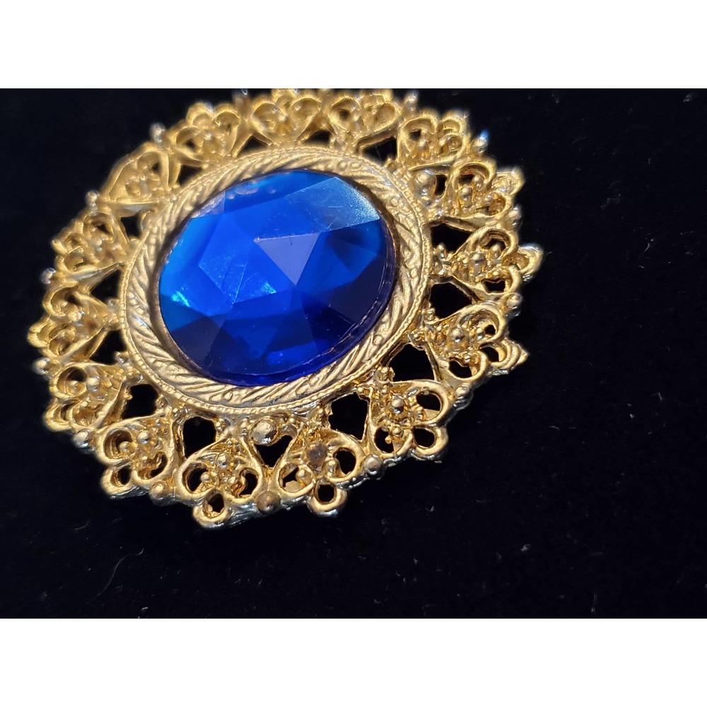 Sapphire Blue Faux Stone Gold Tone Brooch